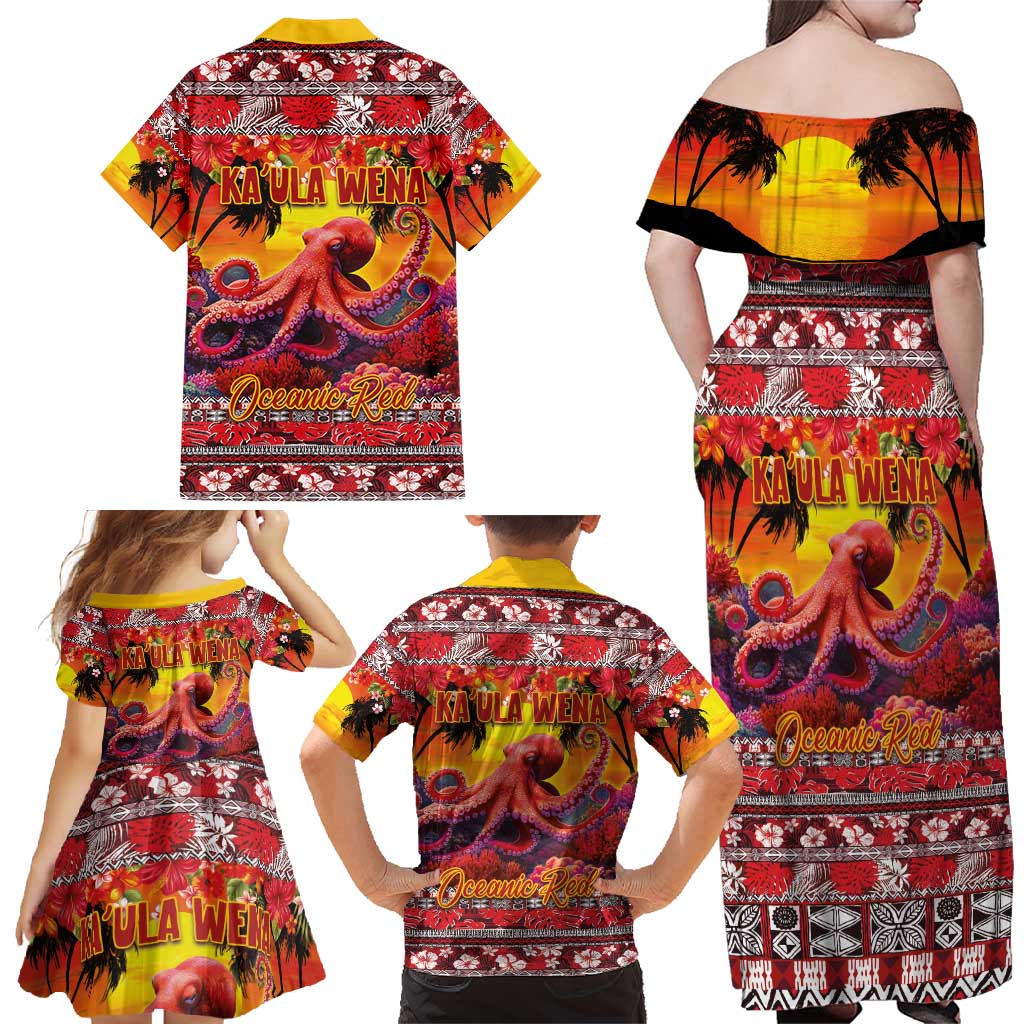 Hawaii KaUla Wena Octopus Family Matching Off Shoulder Maxi Dress and Hawaiian Shirt Oceanic Red with Corals and Tropical On Sunset Landscape LT03 - Polynesian Pride