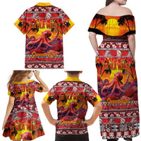 Hawaii KaUla Wena Octopus Family Matching Off Shoulder Maxi Dress and Hawaiian Shirt Oceanic Red with Corals and Tropical On Sunset Landscape LT03 - Polynesian Pride