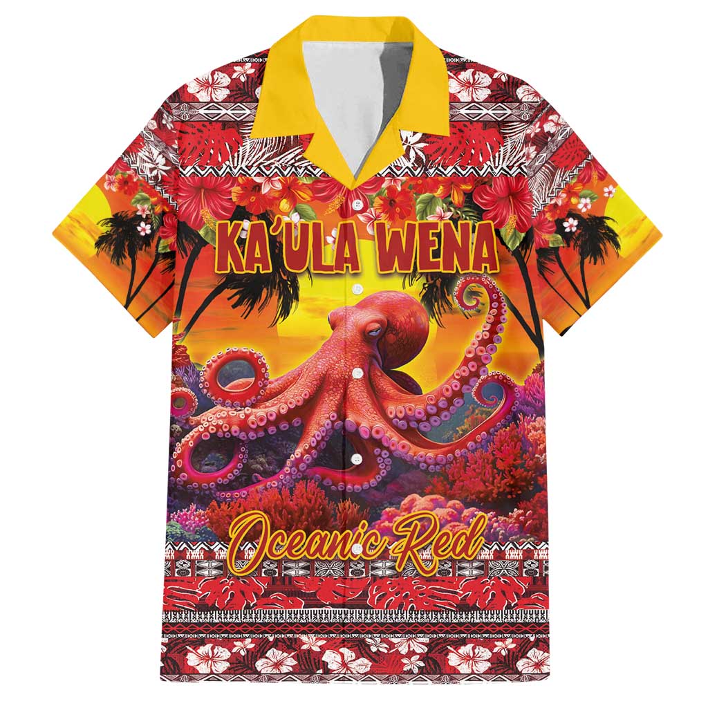 Hawaii KaUla Wena Octopus Family Matching Off Shoulder Maxi Dress and Hawaiian Shirt Oceanic Red with Corals and Tropical On Sunset Landscape LT03 Dad's Shirt - Short Sleeve Red - Polynesian Pride