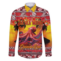 Hawaii KaUla Wena Octopus Family Matching Off Shoulder Maxi Dress and Hawaiian Shirt Oceanic Red with Corals and Tropical On Sunset Landscape LT03 Dad's Shirt - Long Sleeve Red - Polynesian Pride
