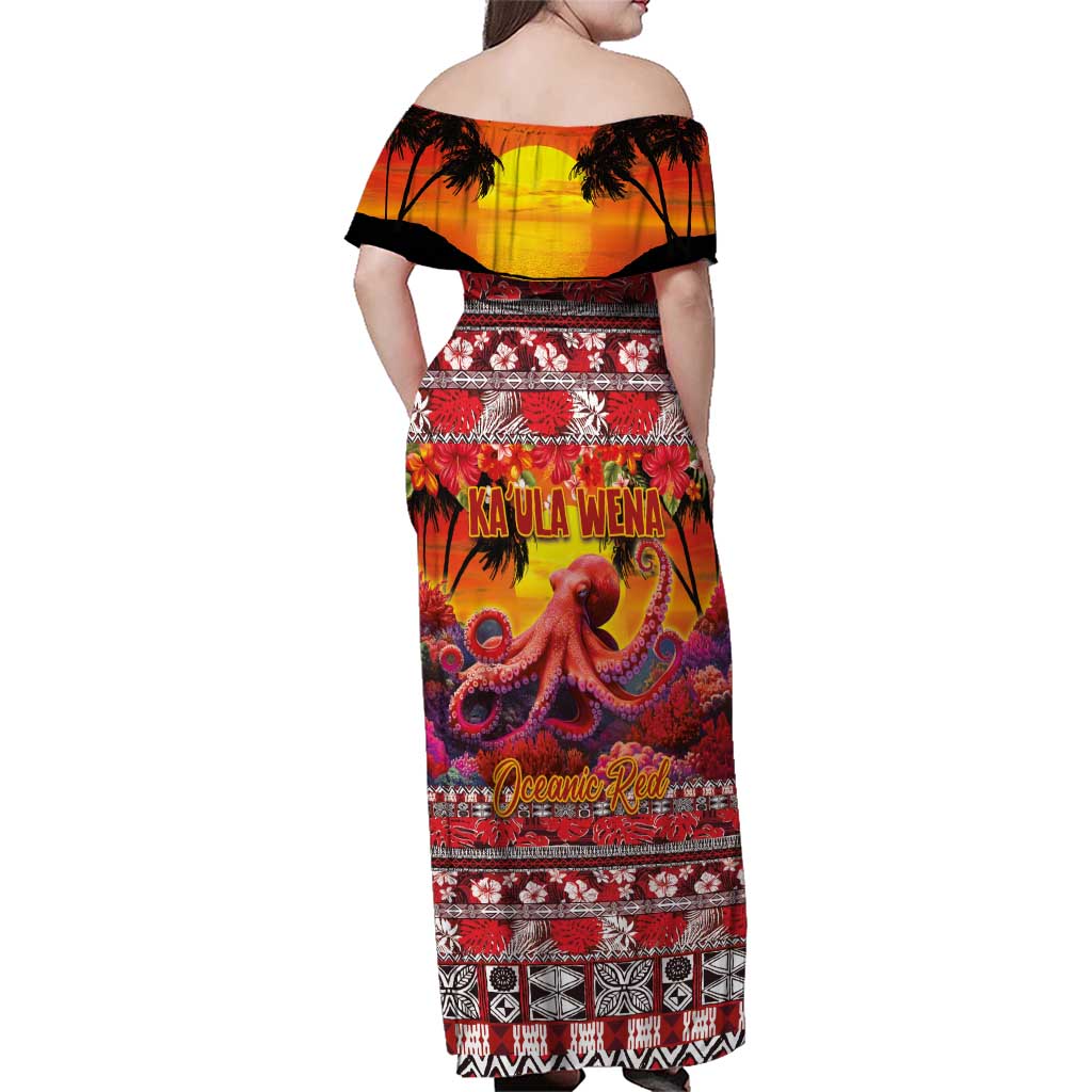 Hawaii KaUla Wena Octopus Family Matching Off Shoulder Maxi Dress and Hawaiian Shirt Oceanic Red with Corals and Tropical On Sunset Landscape LT03 - Polynesian Pride