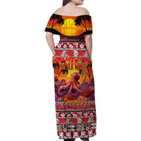 Hawaii KaUla Wena Octopus Family Matching Off Shoulder Maxi Dress and Hawaiian Shirt Oceanic Red with Corals and Tropical On Sunset Landscape LT03 - Polynesian Pride