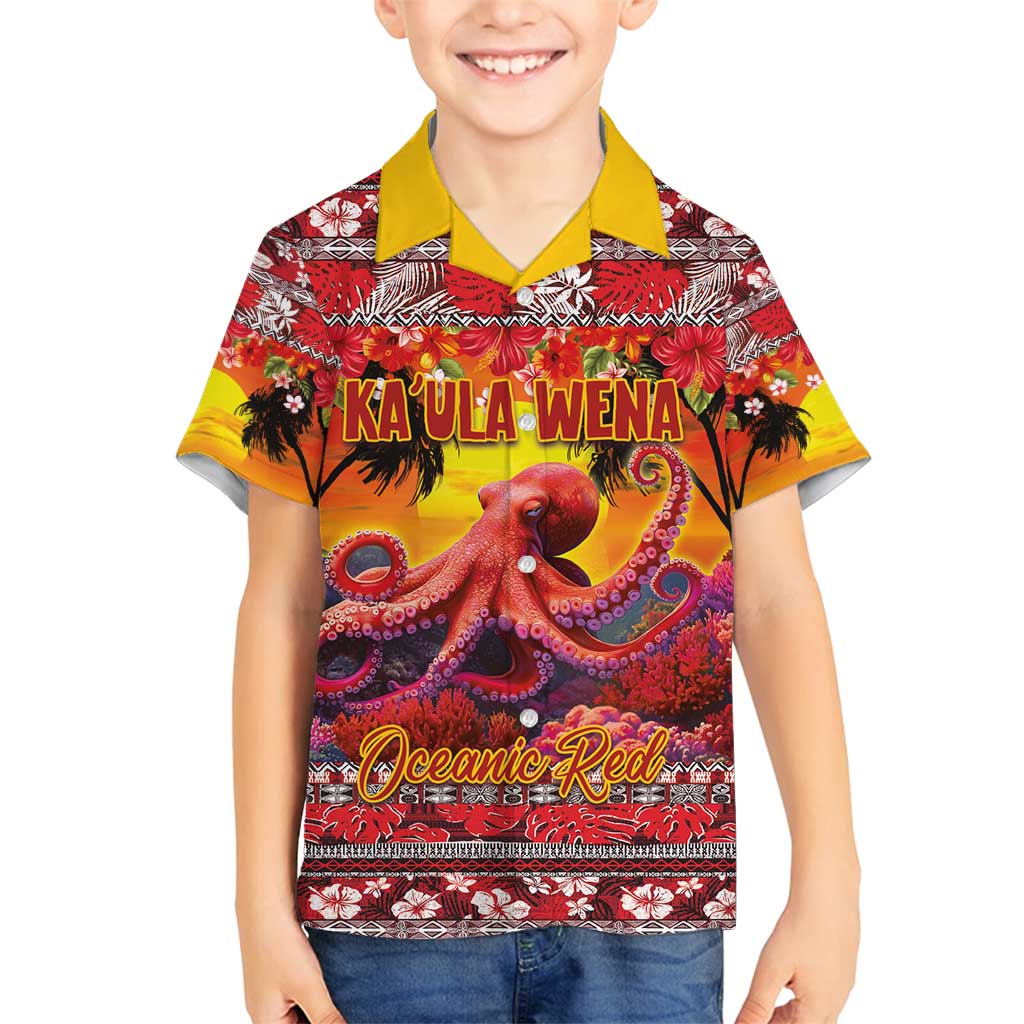 Hawaii KaUla Wena Octopus Family Matching Off Shoulder Maxi Dress and Hawaiian Shirt Oceanic Red with Corals and Tropical On Sunset Landscape LT03 Son's Shirt Red - Polynesian Pride