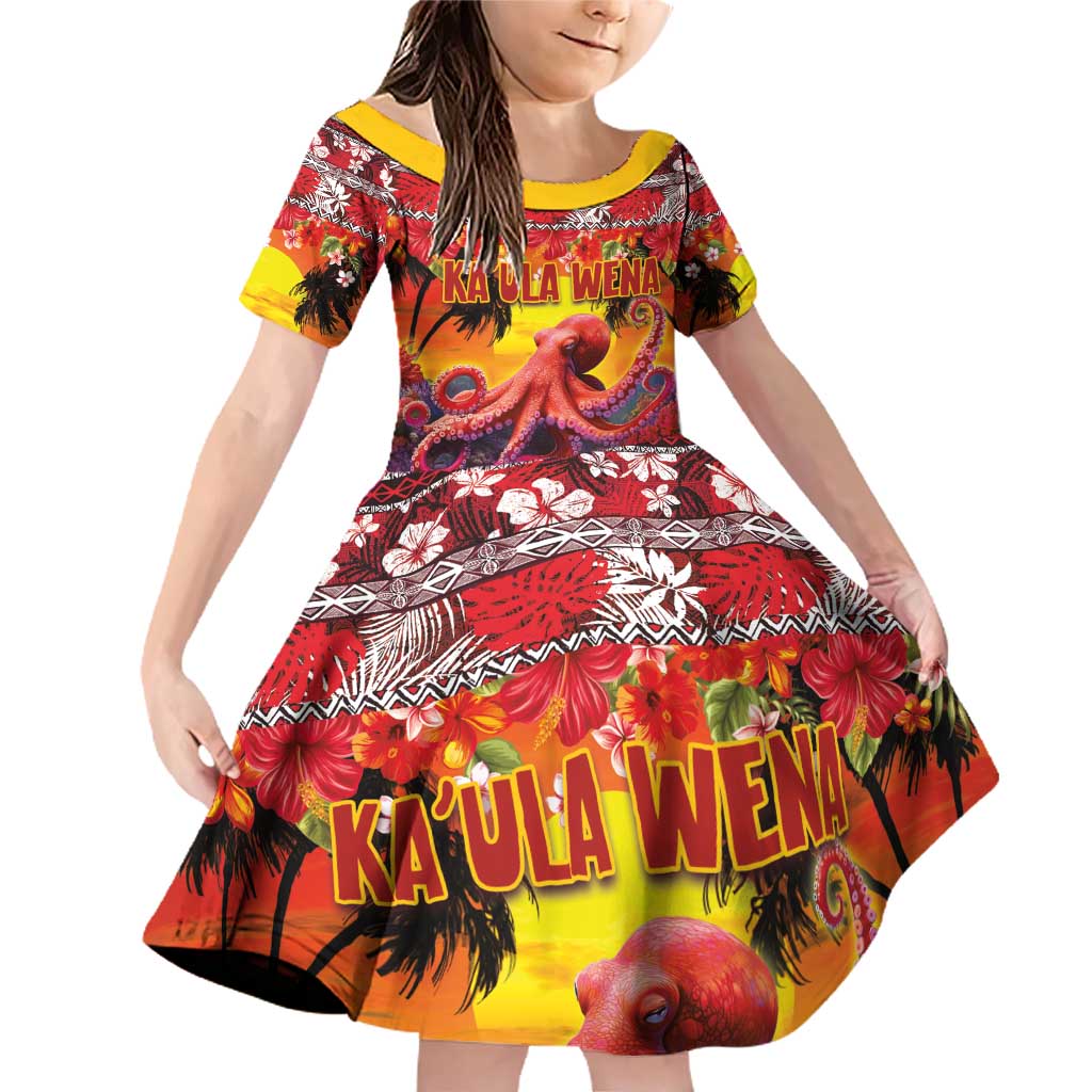 Hawaii KaUla Wena Octopus Family Matching Off Shoulder Short Dress and Hawaiian Shirt Oceanic Red with Corals and Tropical On Sunset Landscape LT03 Daughter's Dress Red - Polynesian Pride
