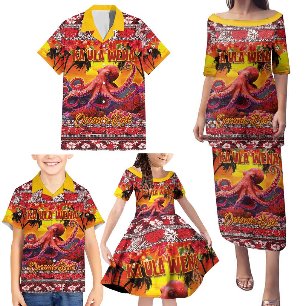 Hawaii KaUla Wena Octopus Family Matching Puletasi and Hawaiian Shirt Oceanic Red with Corals and Tropical On Sunset Landscape LT03 - Polynesian Pride