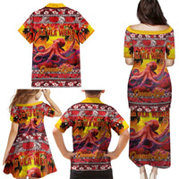 Hawaii KaUla Wena Octopus Family Matching Puletasi and Hawaiian Shirt Oceanic Red with Corals and Tropical On Sunset Landscape LT03 - Polynesian Pride