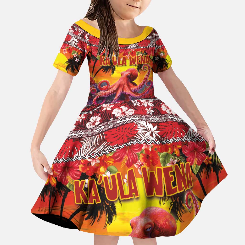 Hawaii KaUla Wena Octopus Family Matching Short Sleeve Bodycon Dress and Hawaiian Shirt Oceanic Red with Corals and Tropical On Sunset Landscape LT03 Daughter's Dress Red - Polynesian Pride