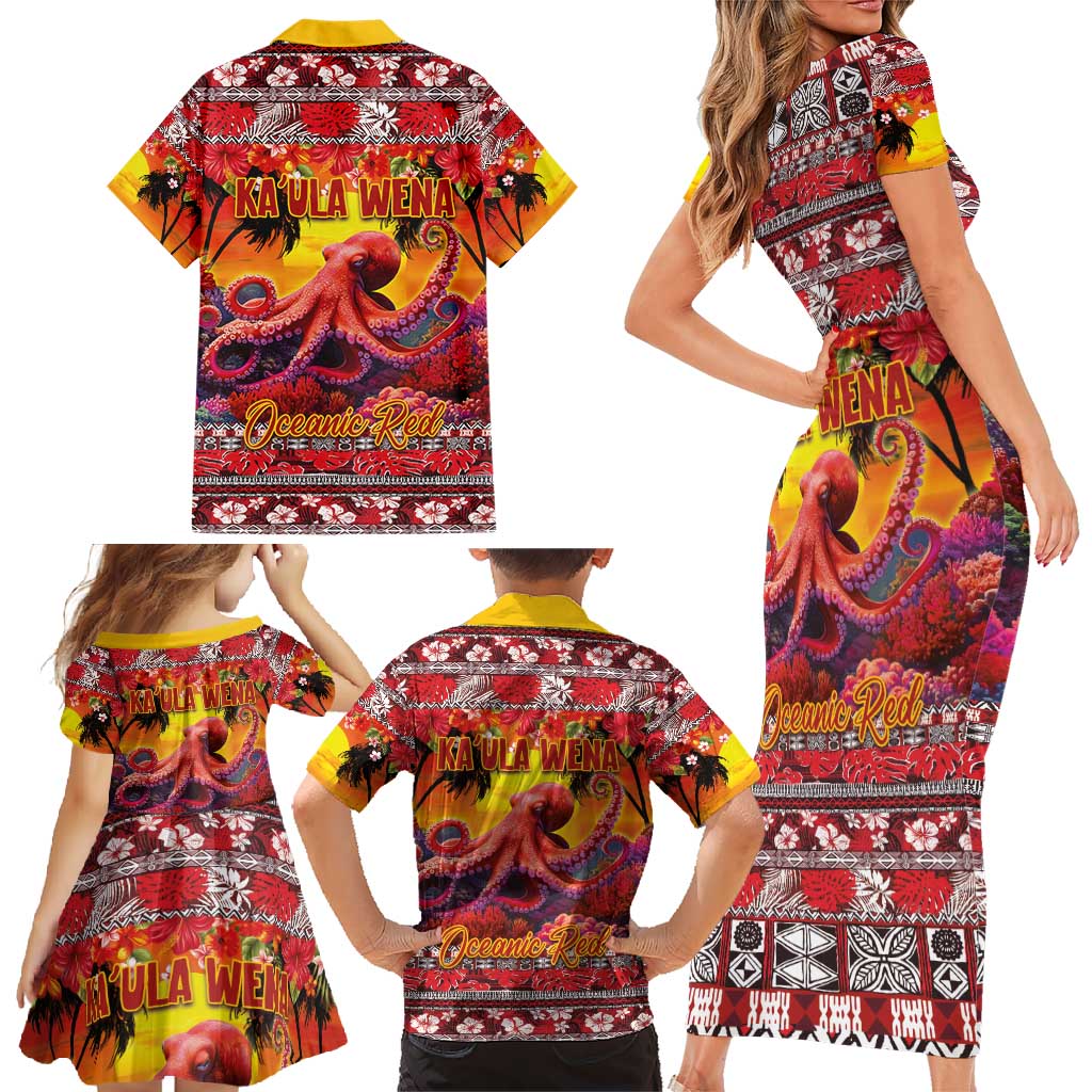 Hawaii KaUla Wena Octopus Family Matching Short Sleeve Bodycon Dress and Hawaiian Shirt Oceanic Red with Corals and Tropical On Sunset Landscape LT03 - Polynesian Pride