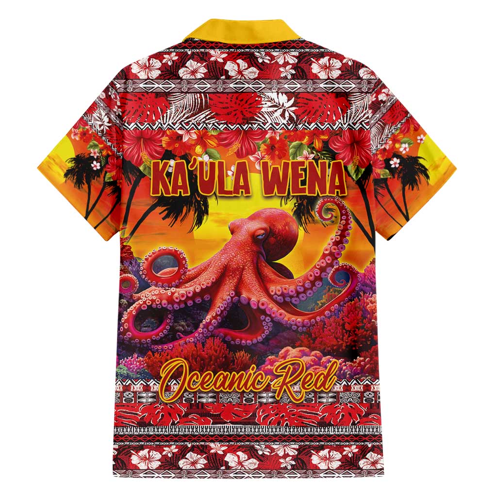 Hawaii KaUla Wena Octopus Family Matching Short Sleeve Bodycon Dress and Hawaiian Shirt Oceanic Red with Corals and Tropical On Sunset Landscape LT03 - Polynesian Pride