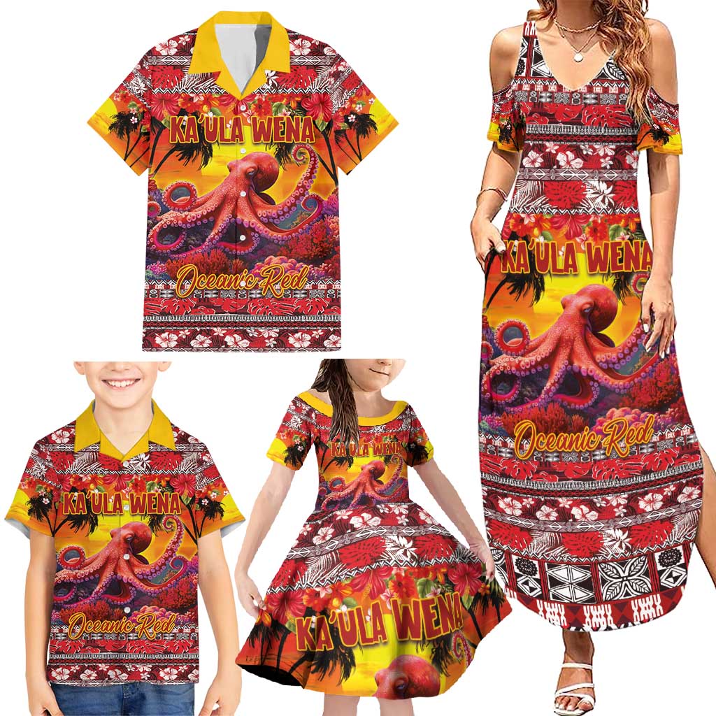 Hawaii KaUla Wena Octopus Family Matching Summer Maxi Dress and Hawaiian Shirt Oceanic Red with Corals and Tropical On Sunset Landscape LT03 - Polynesian Pride