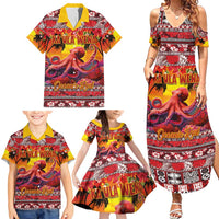 Hawaii KaUla Wena Octopus Family Matching Summer Maxi Dress and Hawaiian Shirt Oceanic Red with Corals and Tropical On Sunset Landscape LT03 - Polynesian Pride