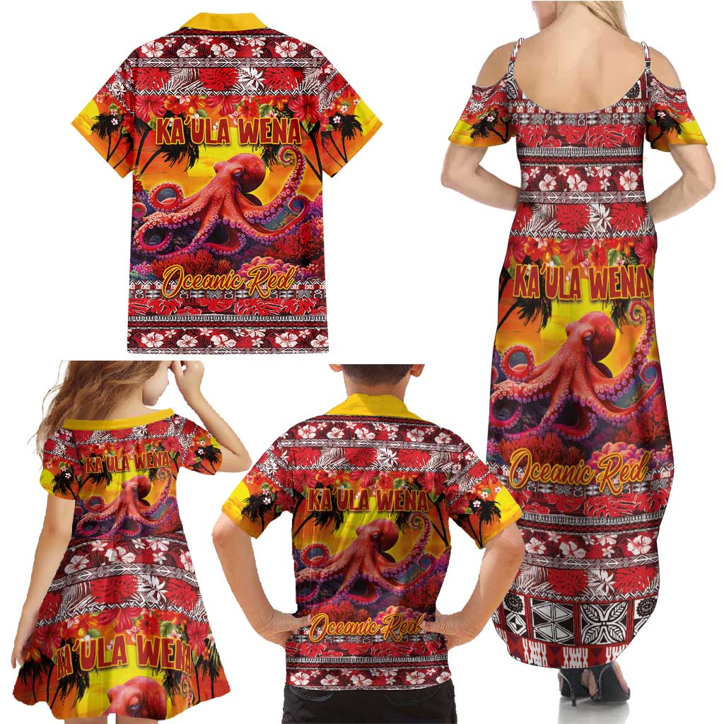 Hawaii KaUla Wena Octopus Family Matching Summer Maxi Dress and Hawaiian Shirt Oceanic Red with Corals and Tropical On Sunset Landscape LT03 - Polynesian Pride