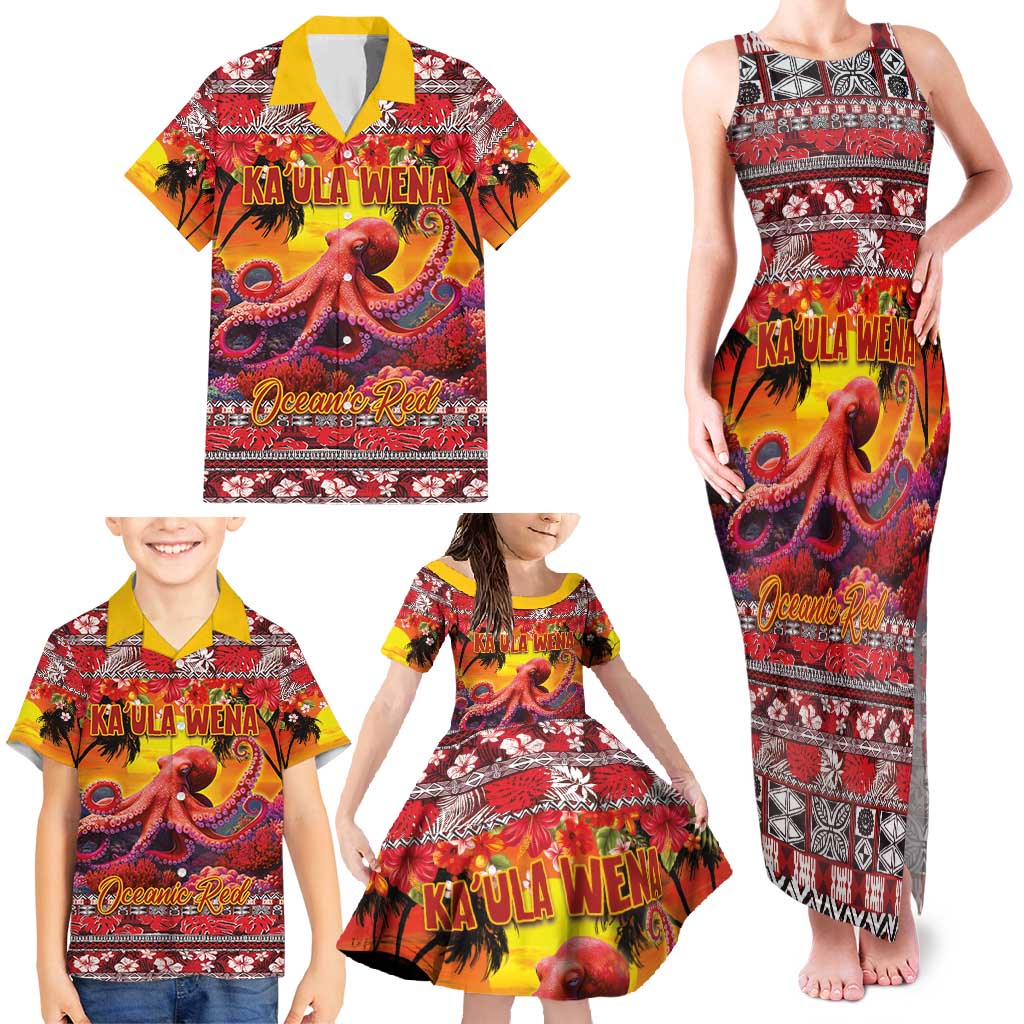 Hawaii KaUla Wena Octopus Family Matching Tank Maxi Dress and Hawaiian Shirt Oceanic Red with Corals and Tropical On Sunset Landscape LT03 - Polynesian Pride