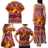 Hawaii KaUla Wena Octopus Family Matching Tank Maxi Dress and Hawaiian Shirt Oceanic Red with Corals and Tropical On Sunset Landscape LT03 - Polynesian Pride