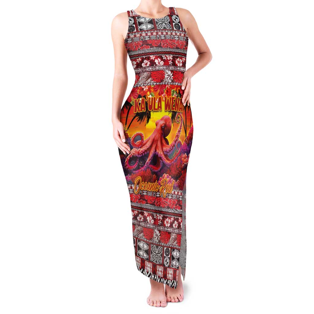 Hawaii KaUla Wena Octopus Family Matching Tank Maxi Dress and Hawaiian Shirt Oceanic Red with Corals and Tropical On Sunset Landscape LT03 Mom's Dress Red - Polynesian Pride