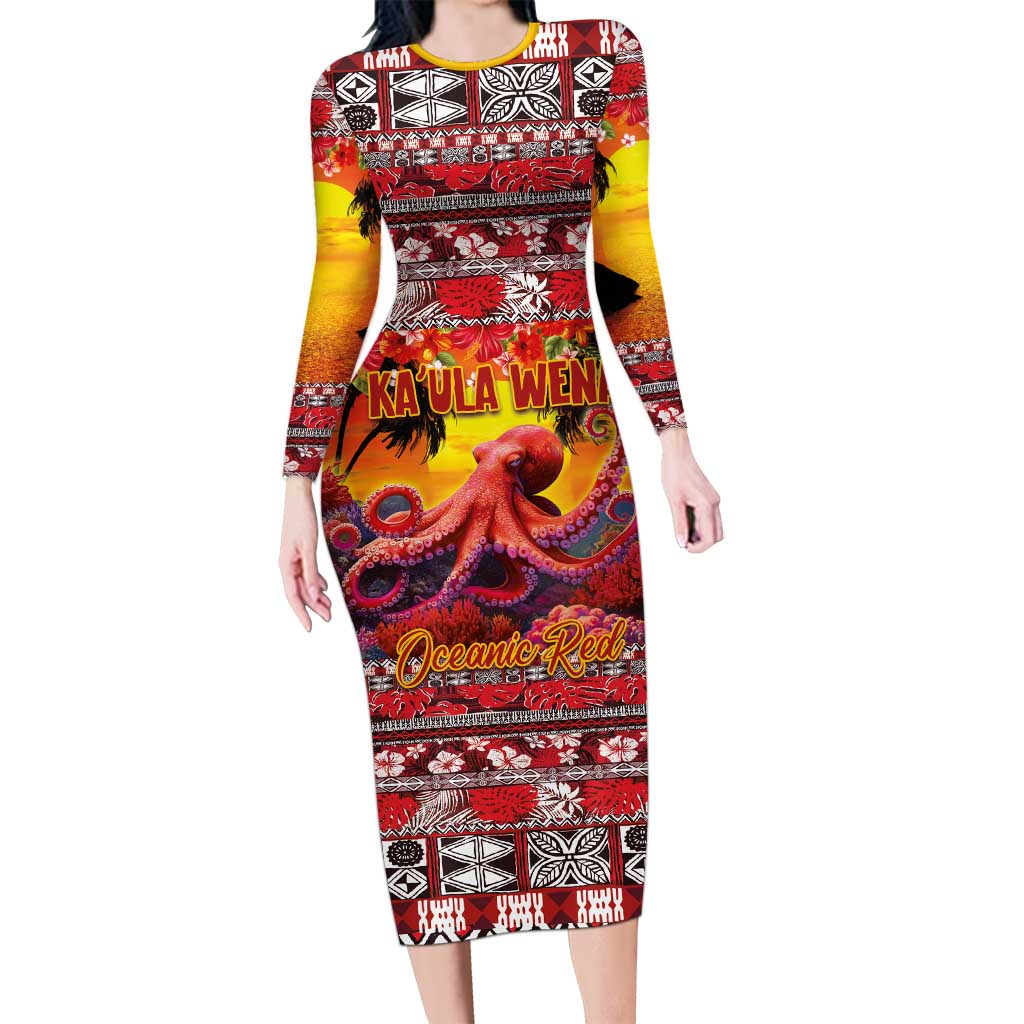Hawaii KaUla Wena Octopus Long Sleeve Bodycon Dress Oceanic Red with Corals and Tropical On Sunset Landscape LT03 Long Dress Red - Polynesian Pride