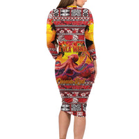 Hawaii KaUla Wena Octopus Long Sleeve Bodycon Dress Oceanic Red with Corals and Tropical On Sunset Landscape LT03 - Polynesian Pride