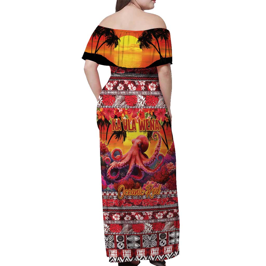 Hawaii KaʻUla Wena Octopus Off Shoulder Maxi Dress Oceanic Red with Corals and Tropical On Sunset Landscape