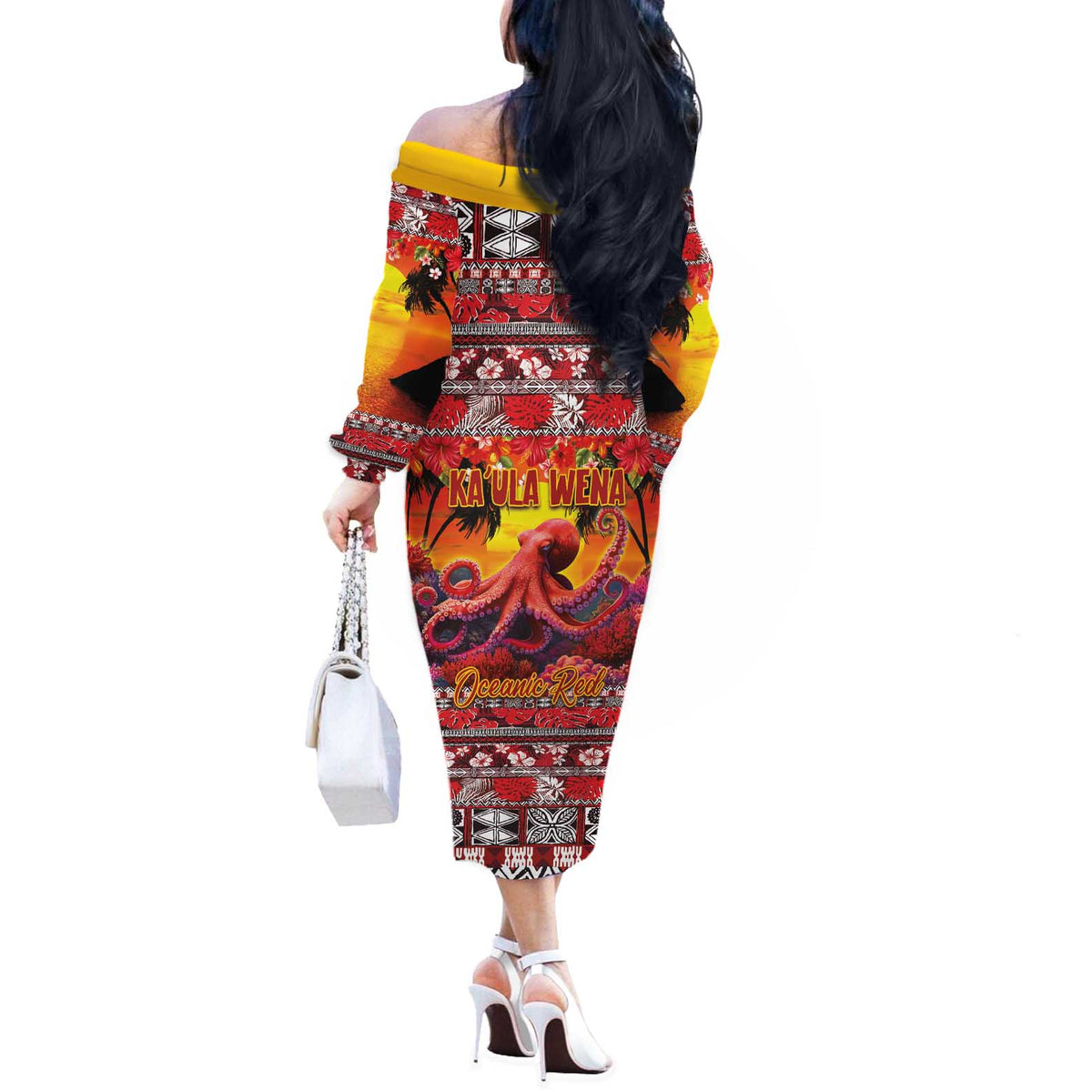 Hawaii KaUla Wena Octopus Off The Shoulder Long Sleeve Dress Oceanic Red with Corals and Tropical On Sunset Landscape LT03 - Polynesian Pride