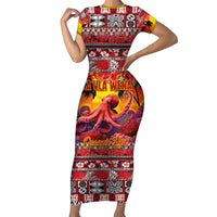 Hawaii KaUla Wena Octopus Short Sleeve Bodycon Dress Oceanic Red with Corals and Tropical On Sunset Landscape LT03 Long Dress Red - Polynesian Pride