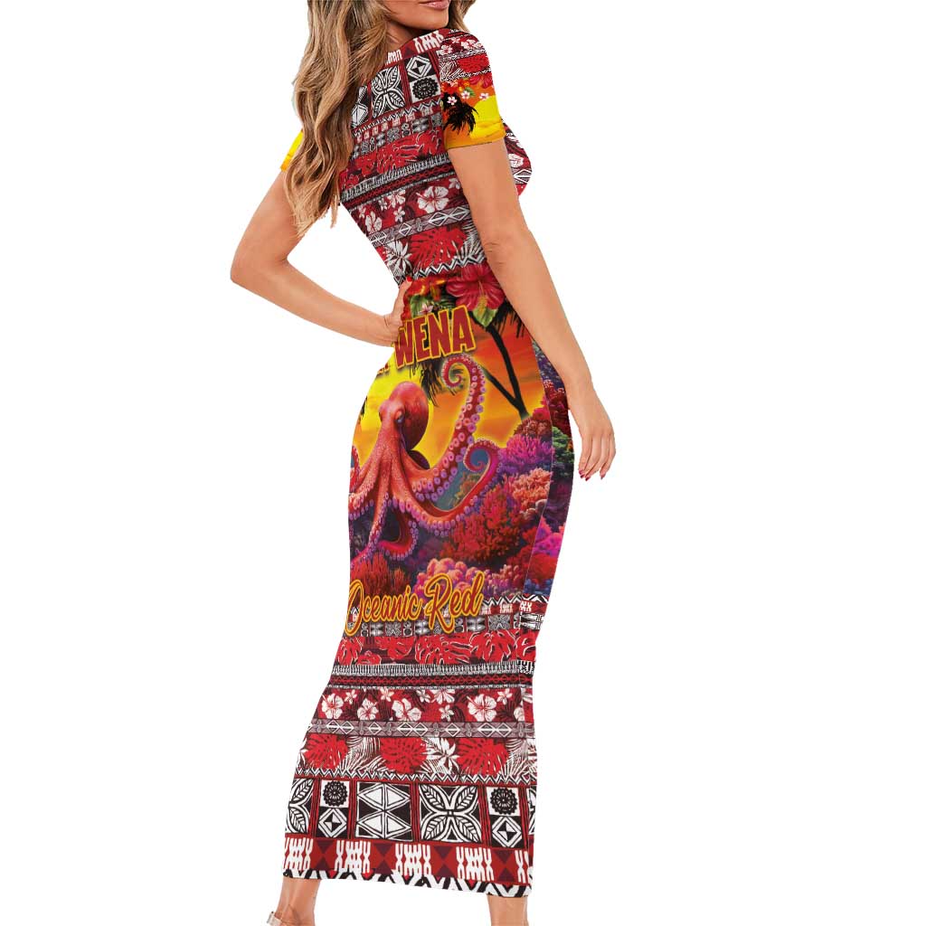 Hawaii KaUla Wena Octopus Short Sleeve Bodycon Dress Oceanic Red with Corals and Tropical On Sunset Landscape LT03 - Polynesian Pride