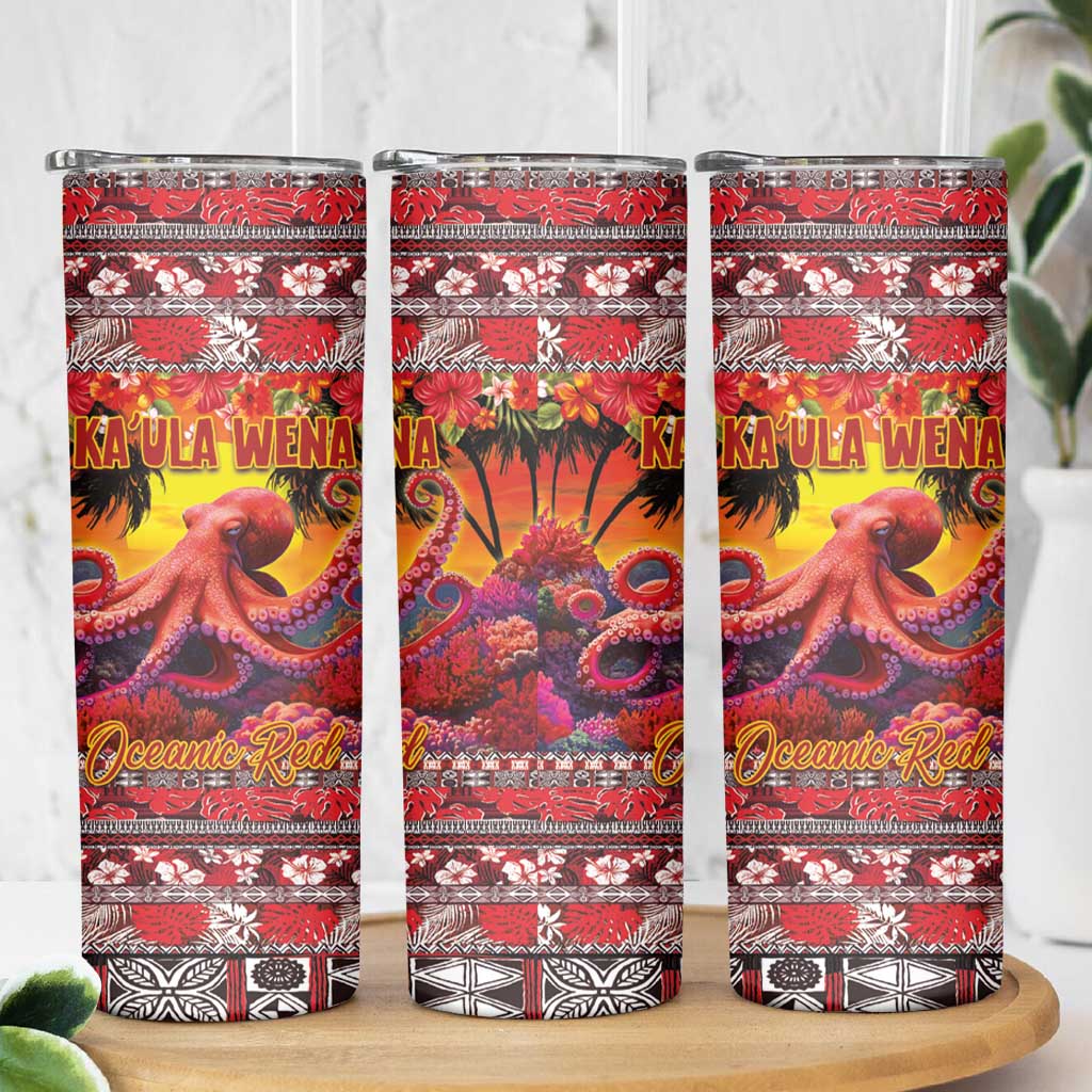 Hawaii KaUla Wena Octopus Skinny Tumbler Oceanic Red with Corals and Tropical On Sunset Landscape LT03 - Polynesian Pride