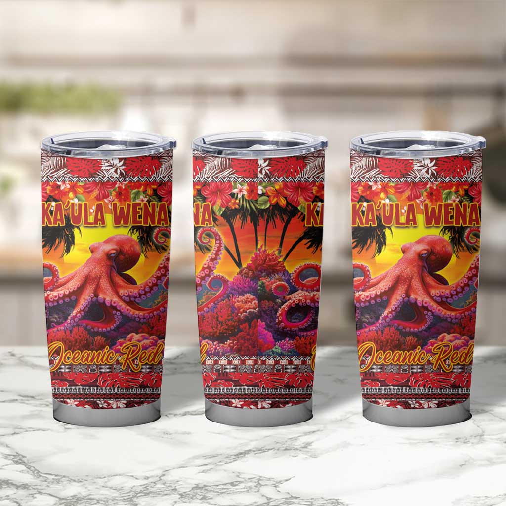 Hawaii KaʻUla Wena Octopus Tumbler Cup Oceanic Red with Corals and Tropical On Sunset Landscape