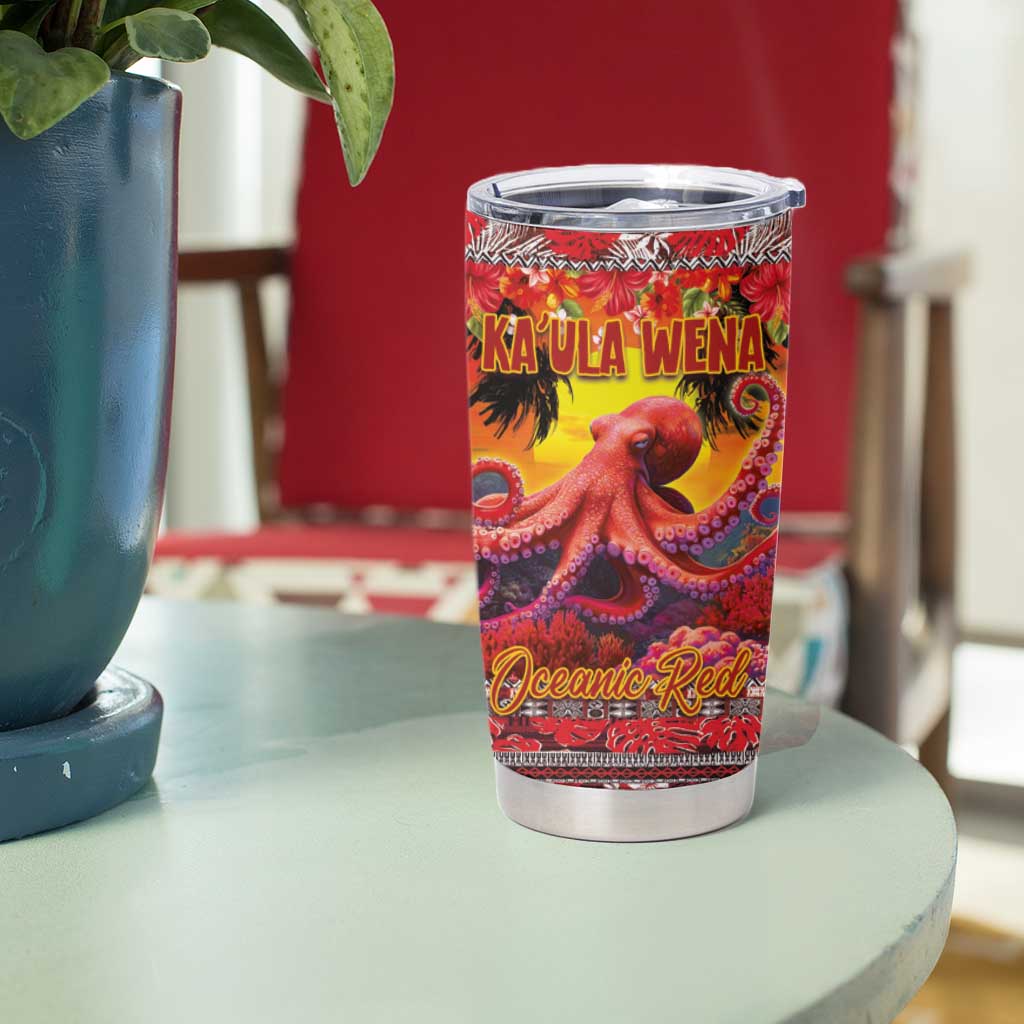 Hawaii KaʻUla Wena Octopus Tumbler Cup Oceanic Red with Corals and Tropical On Sunset Landscape