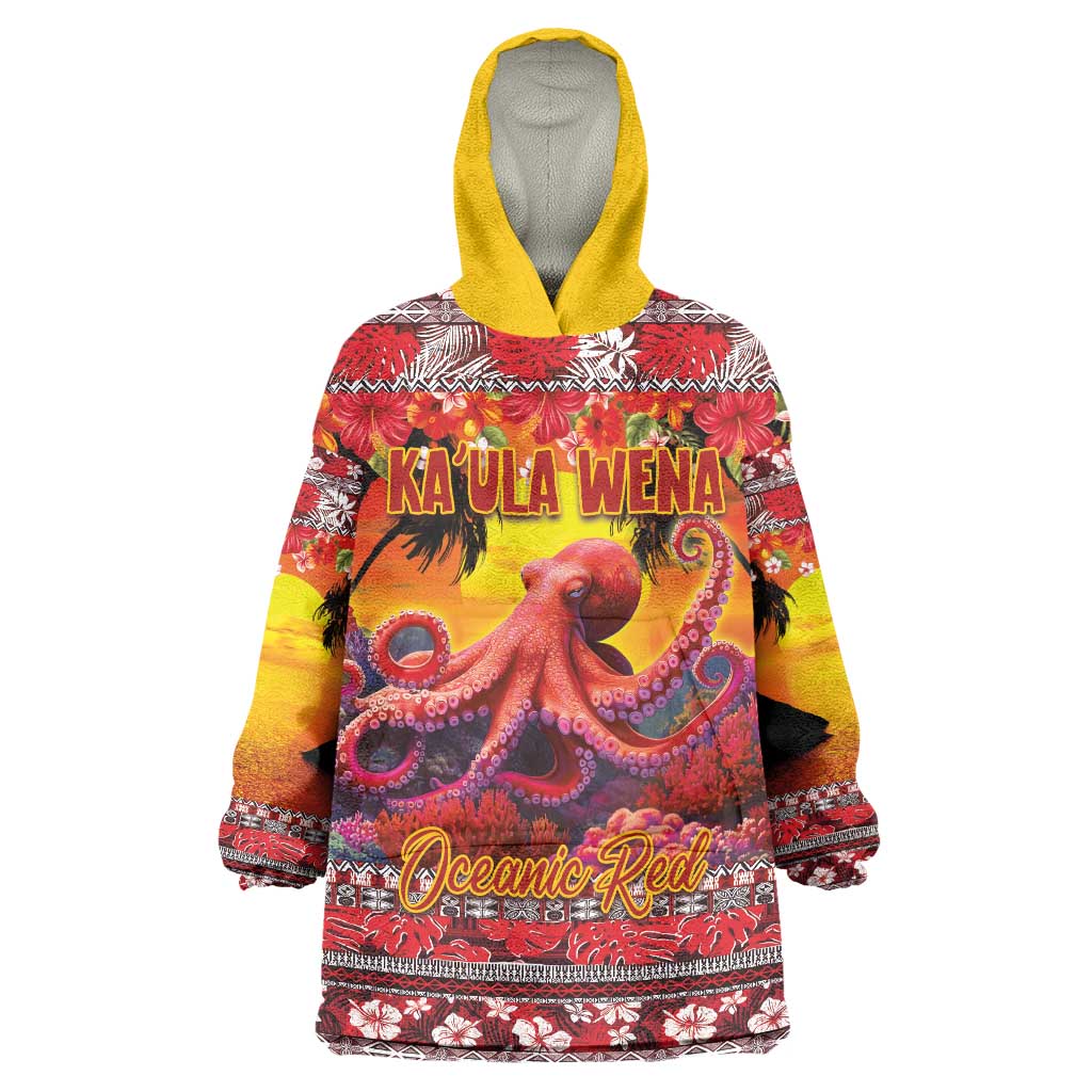 Hawaii KaUla Wena Octopus Wearable Blanket Hoodie Oceanic Red with Corals and Tropical On Sunset Landscape LT03 One Size Red - Polynesian Pride