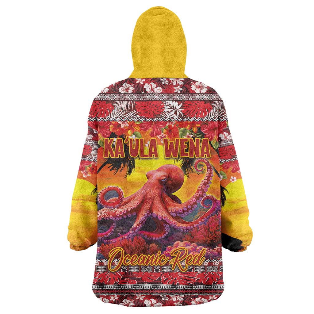 Hawaii KaUla Wena Octopus Wearable Blanket Hoodie Oceanic Red with Corals and Tropical On Sunset Landscape LT03 - Polynesian Pride