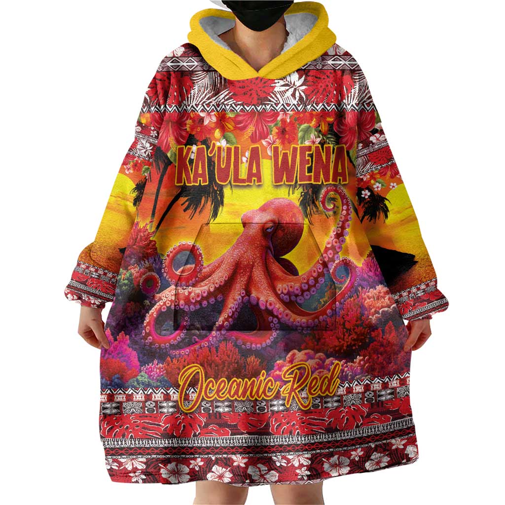 Hawaii KaUla Wena Octopus Wearable Blanket Hoodie Oceanic Red with Corals and Tropical On Sunset Landscape LT03 - Polynesian Pride