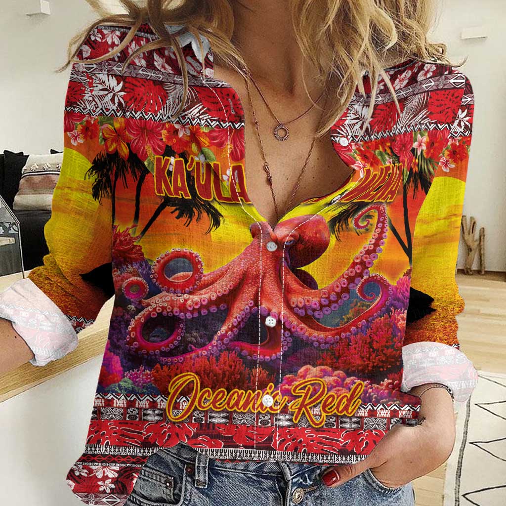 Hawaii KaUla Wena Octopus Women Casual Shirt Oceanic Red with Corals and Tropical On Sunset Landscape LT03 Female Red - Polynesian Pride