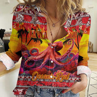 Hawaii KaUla Wena Octopus Women Casual Shirt Oceanic Red with Corals and Tropical On Sunset Landscape LT03 Female Red - Polynesian Pride