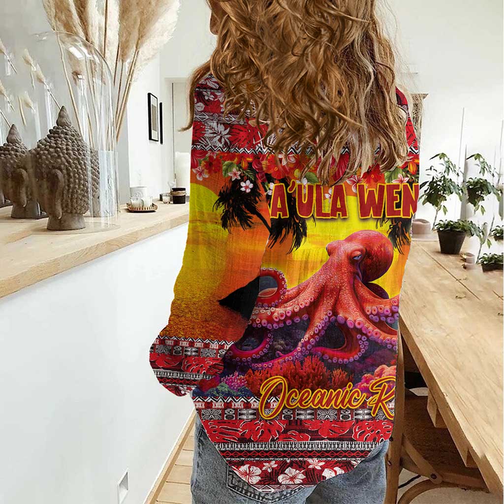 Hawaii KaUla Wena Octopus Women Casual Shirt Oceanic Red with Corals and Tropical On Sunset Landscape LT03 - Polynesian Pride