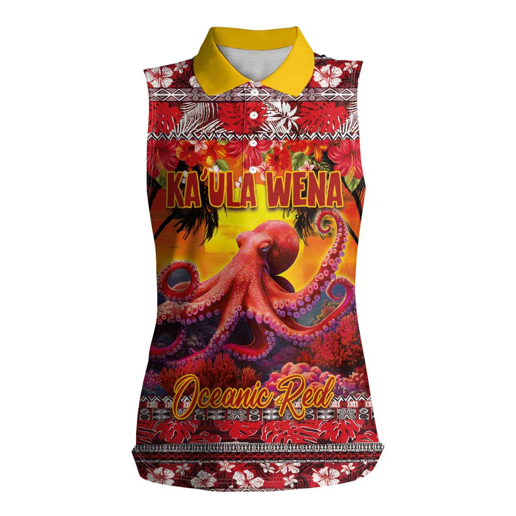 Hawaii KaUla Wena Octopus Women Sleeveless Polo Shirt Oceanic Red with Corals and Tropical On Sunset Landscape LT03 Female Red - Polynesian Pride