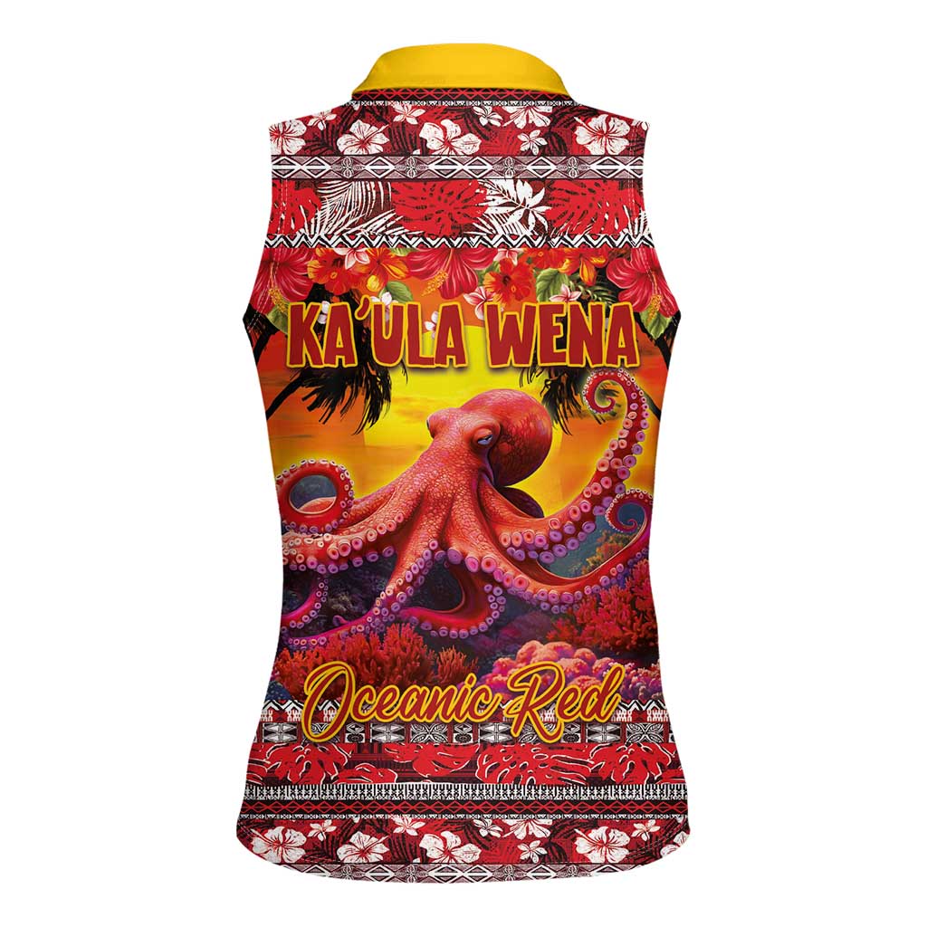 Hawaii KaUla Wena Octopus Women Sleeveless Polo Shirt Oceanic Red with Corals and Tropical On Sunset Landscape LT03 - Polynesian Pride