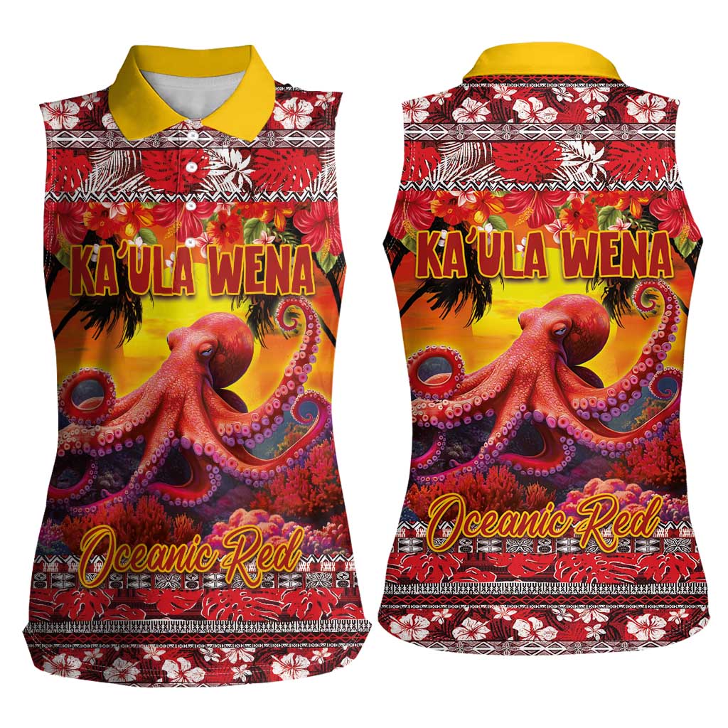 Hawaii KaUla Wena Octopus Women Sleeveless Polo Shirt Oceanic Red with Corals and Tropical On Sunset Landscape LT03 - Polynesian Pride
