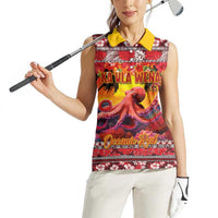 Hawaii KaUla Wena Octopus Women Sleeveless Polo Shirt Oceanic Red with Corals and Tropical On Sunset Landscape LT03 - Polynesian Pride