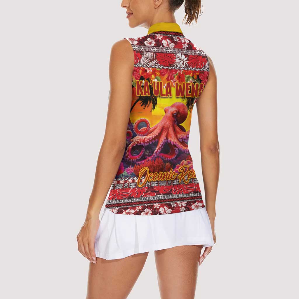 Hawaii KaUla Wena Octopus Women Sleeveless Polo Shirt Oceanic Red with Corals and Tropical On Sunset Landscape LT03 - Polynesian Pride