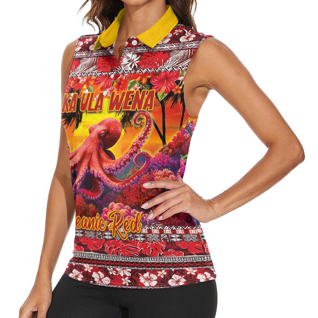 Hawaii KaUla Wena Octopus Women Sleeveless Polo Shirt Oceanic Red with Corals and Tropical On Sunset Landscape LT03 - Polynesian Pride