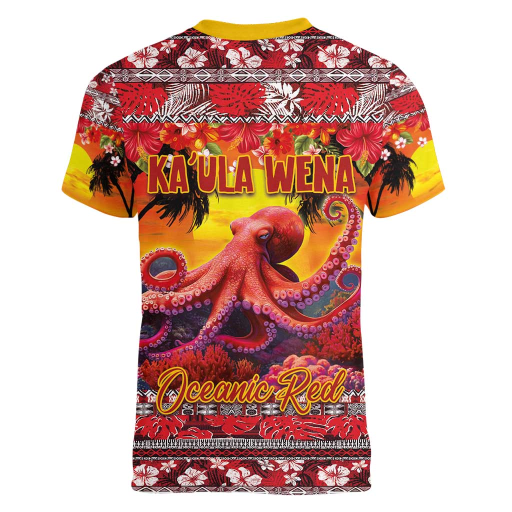 Hawaii KaUla Wena Octopus Women V-Neck T-Shirt Oceanic Red with Corals and Tropical On Sunset Landscape LT03 - Polynesian Pride