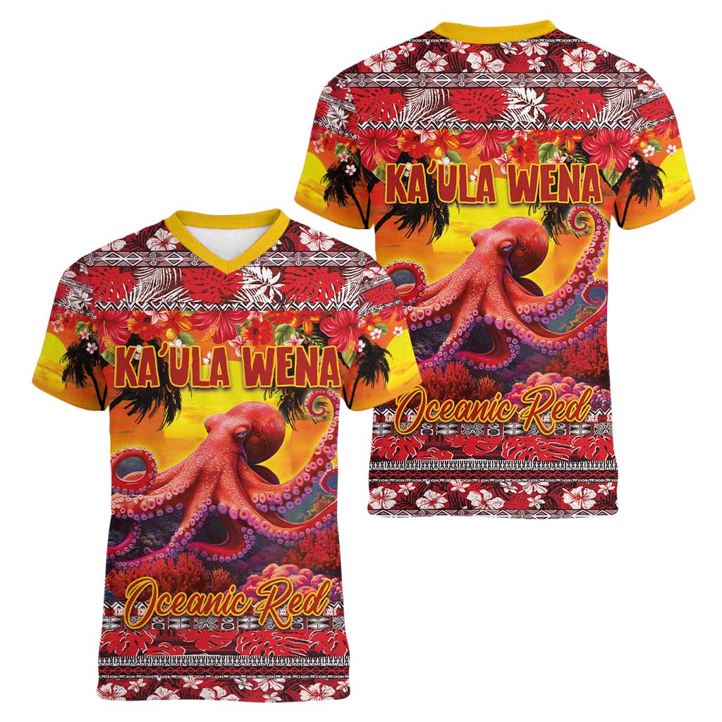 Hawaii KaUla Wena Octopus Women V-Neck T-Shirt Oceanic Red with Corals and Tropical On Sunset Landscape LT03 - Polynesian Pride