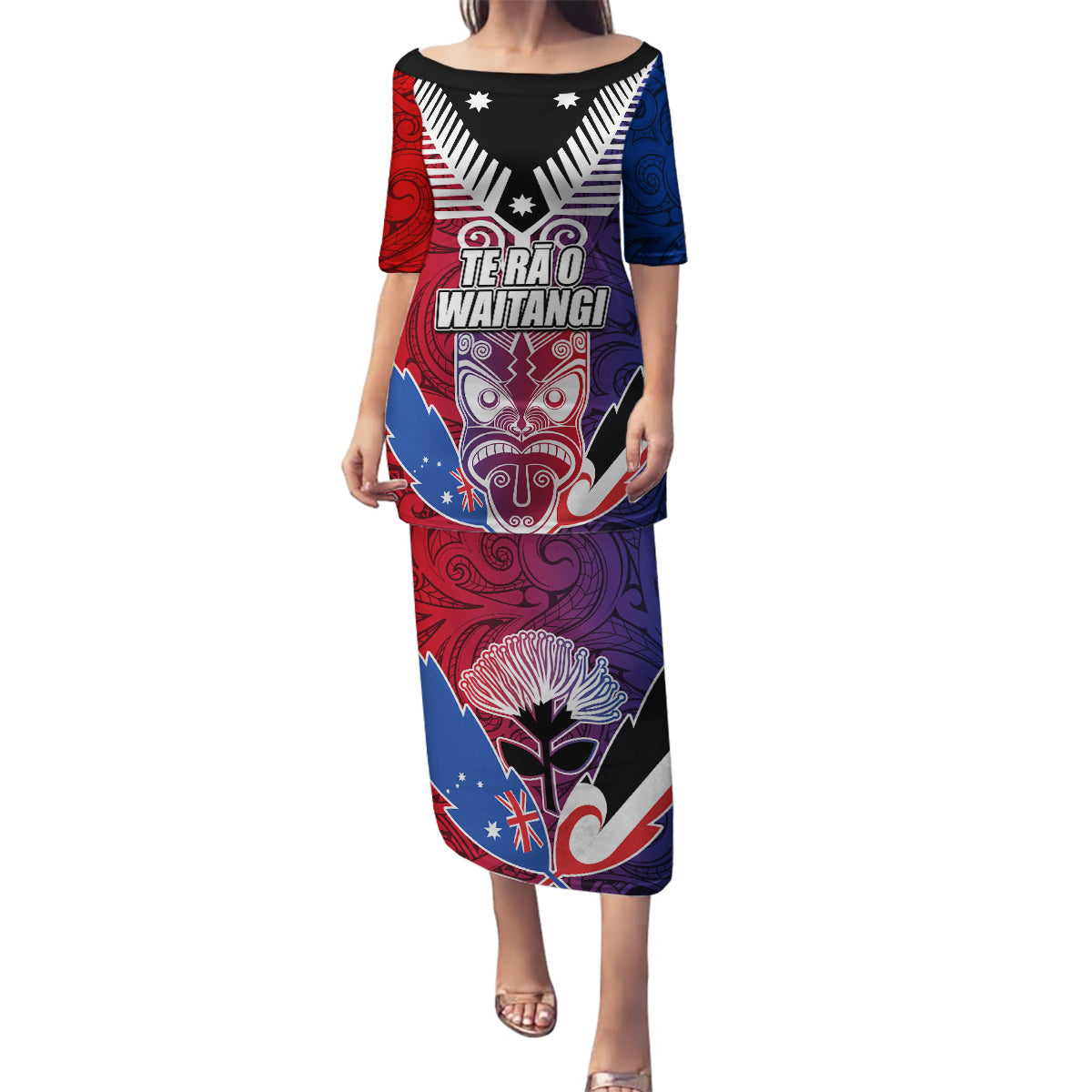 New Zealand Waitangi Family Matching Puletasi and Hawaiian Shirt Kia Ora Maori Koruru Tiki Mask LT03 Mom's Dress Red - Polynesian Pride