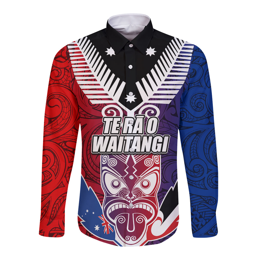 New Zealand Waitangi Long Sleeve Button Shirt Kia Ora Maori Koruru Tiki Mask LT03 Unisex Red - Polynesian Pride