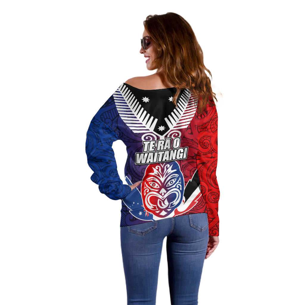 New Zealand Waitangi Off Shoulder Sweater Kia Ora Maori Koruru Tiki Mask LT03 - Polynesian Pride