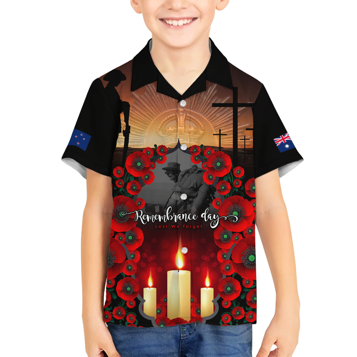 Custom New Zealand and Australia ANZAC Day Family Matching Off Shoulder Maxi Dress and Hawaiian Shirt Gallipoli and Canlelight Lest We Forget LT03 Son's Shirt Black - Polynesian Pride