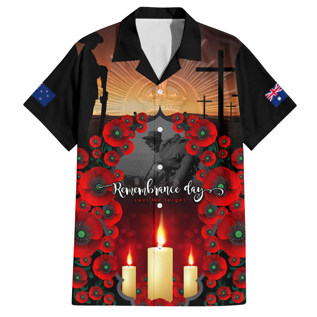 Custom New Zealand and Australia ANZAC Day Family Matching Off Shoulder Short Dress and Hawaiian Shirt Gallipoli and Canlelight Lest We Forget LT03 Dad's Shirt - Short Sleeve Black - Polynesian Pride