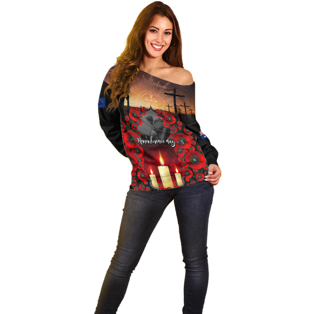 Custom New Zealand and Australia ANZAC Day Off Shoulder Sweater Gallipoli and Canlelight Lest We Forget LT03 - Polynesian Pride
