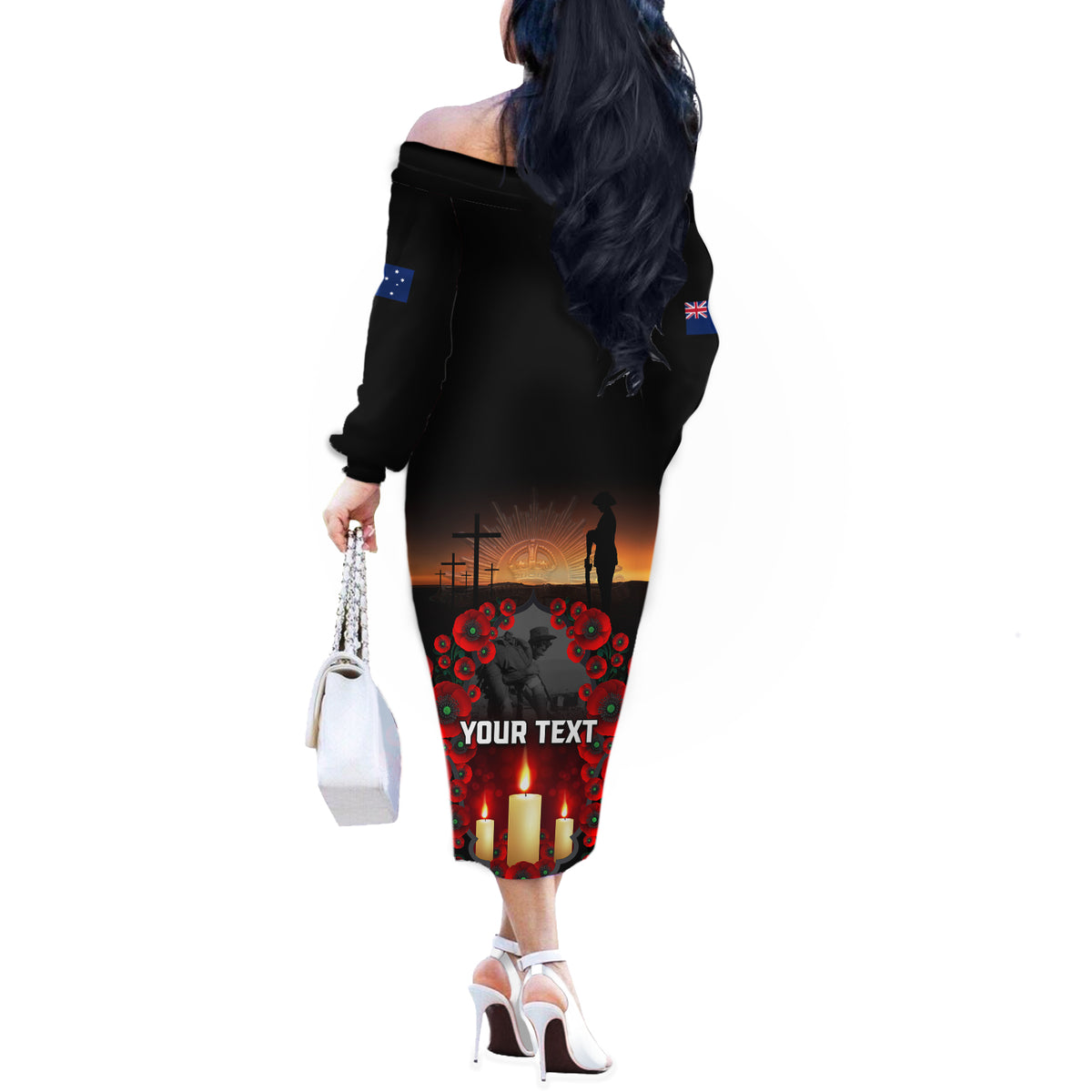 Custom New Zealand and Australia ANZAC Day Off The Shoulder Long Sleeve Dress Gallipoli and Canlelight Lest We Forget LT03 - Polynesian Pride