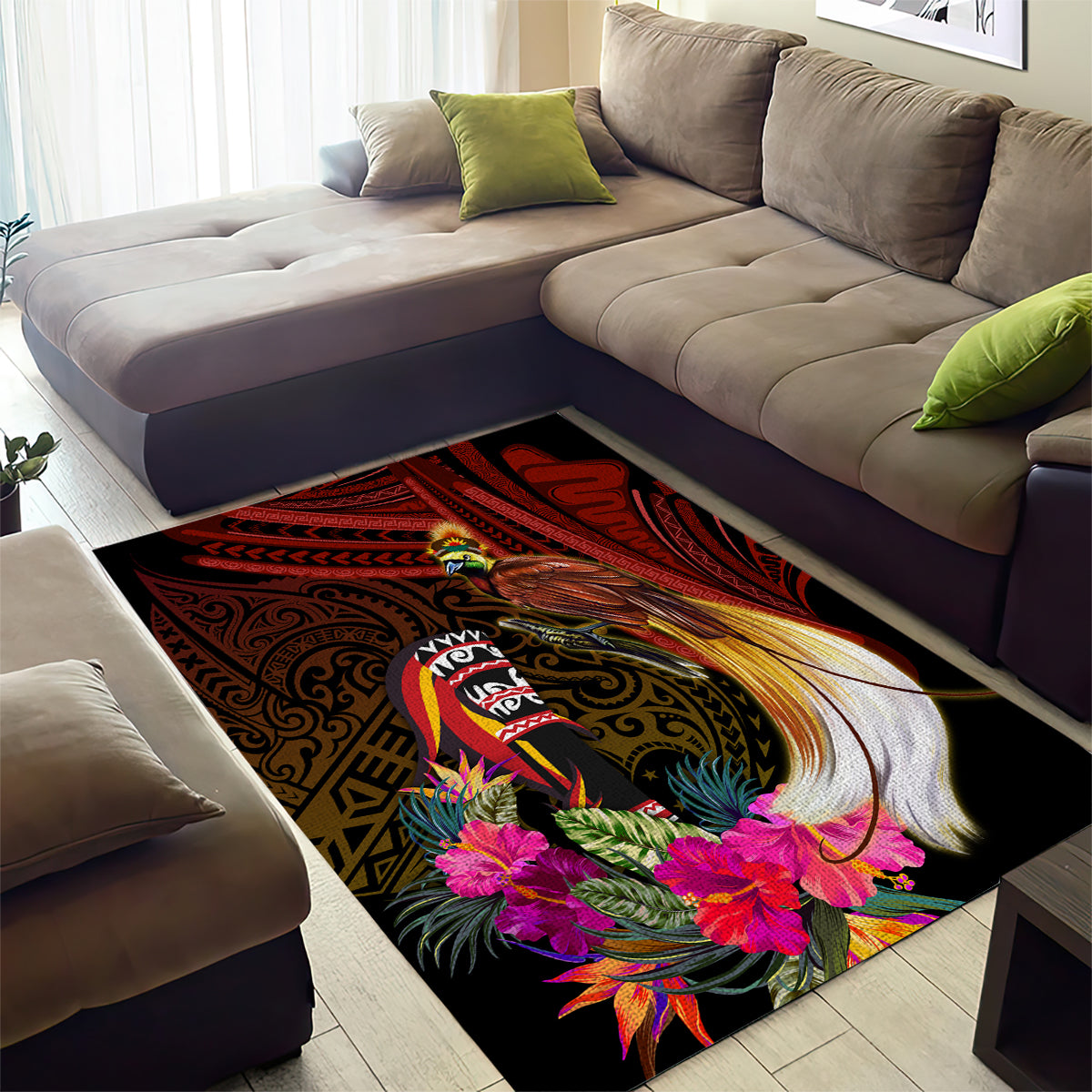 Papua New Guinea Bird-of-Paradise Area Rug Hibiscus and Kundu Drum Tribal Pattern